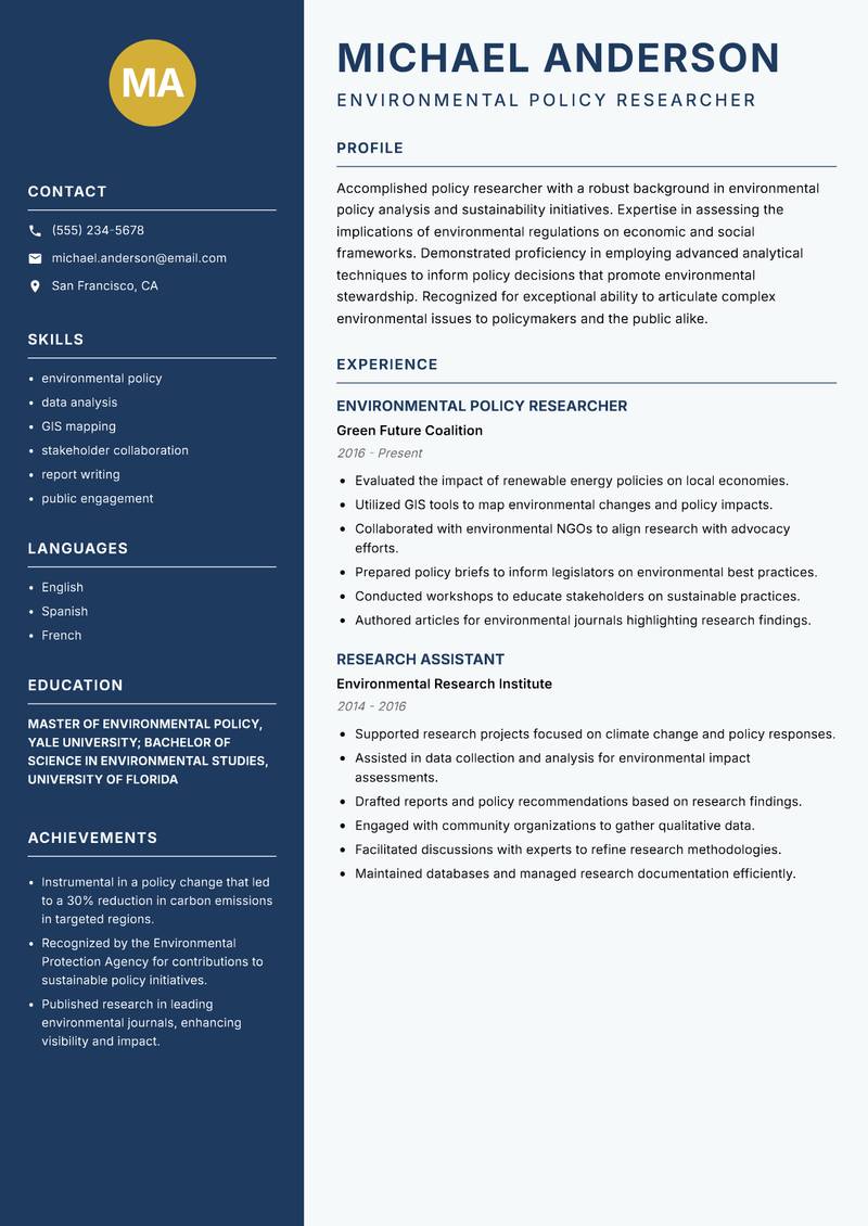 Policy Researcher Resume Preview Example