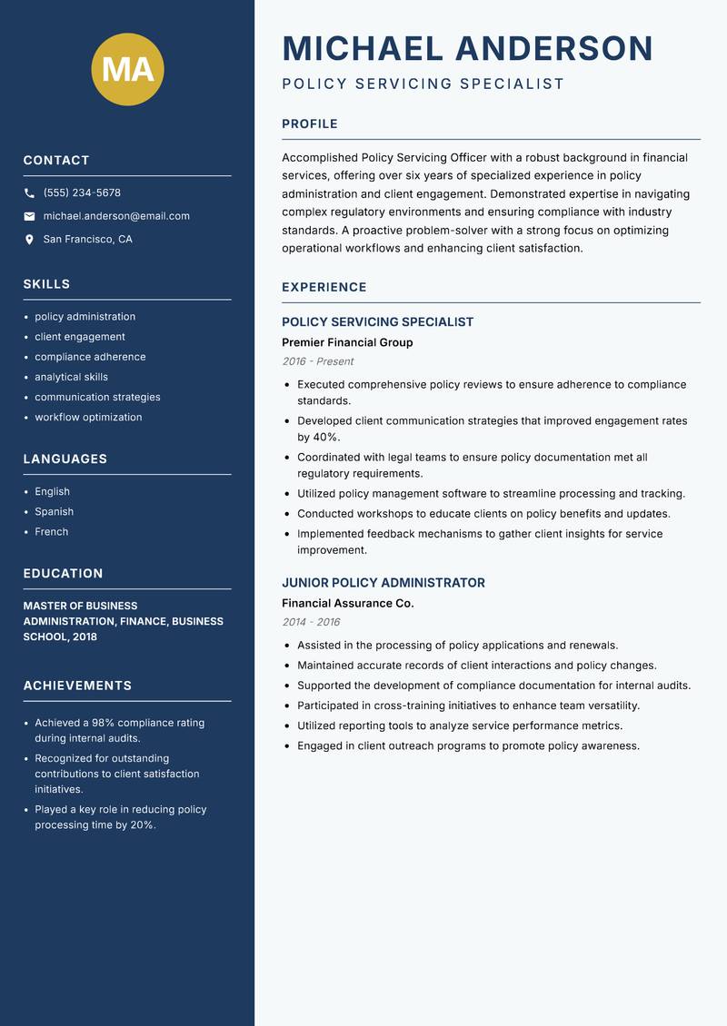 Policy Servicing Officer Resume Preview Example