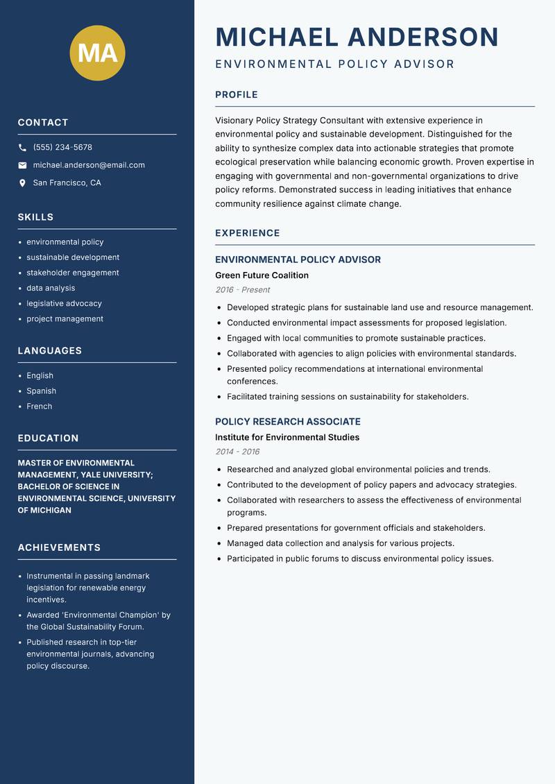 Policy Strategy Consultant Resume Preview Example