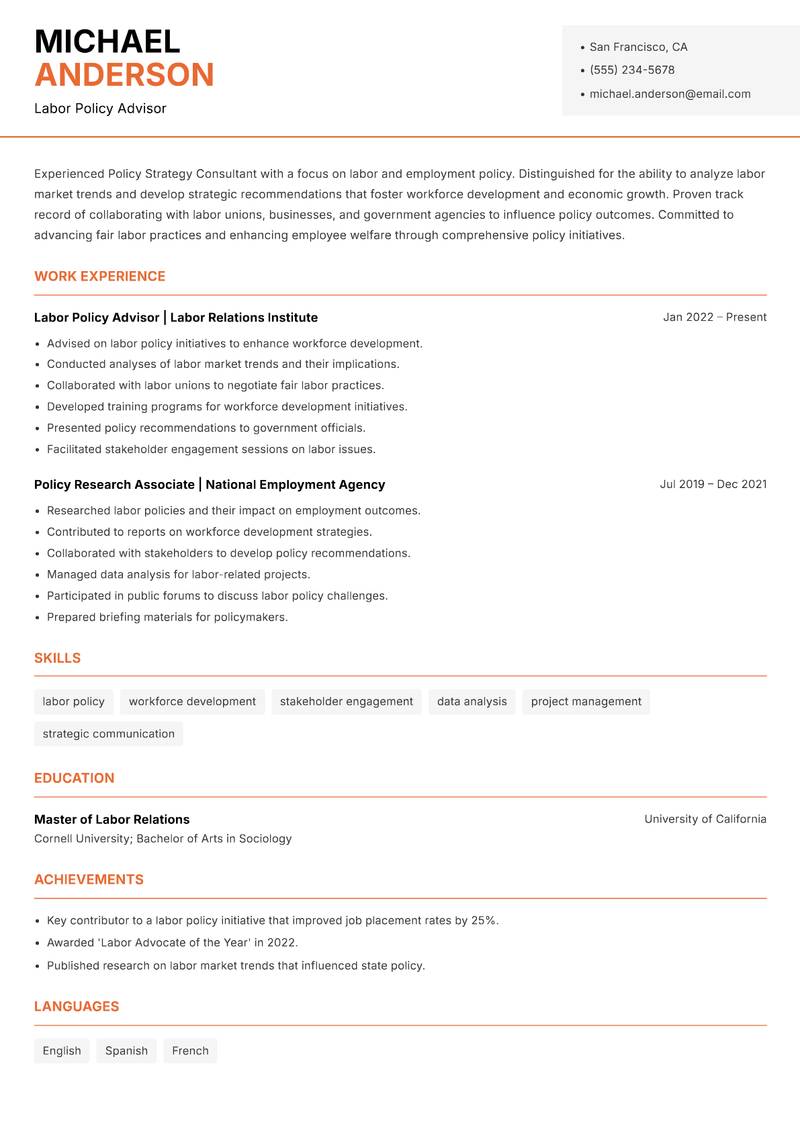 Policy Strategy Consultant Resume Template
