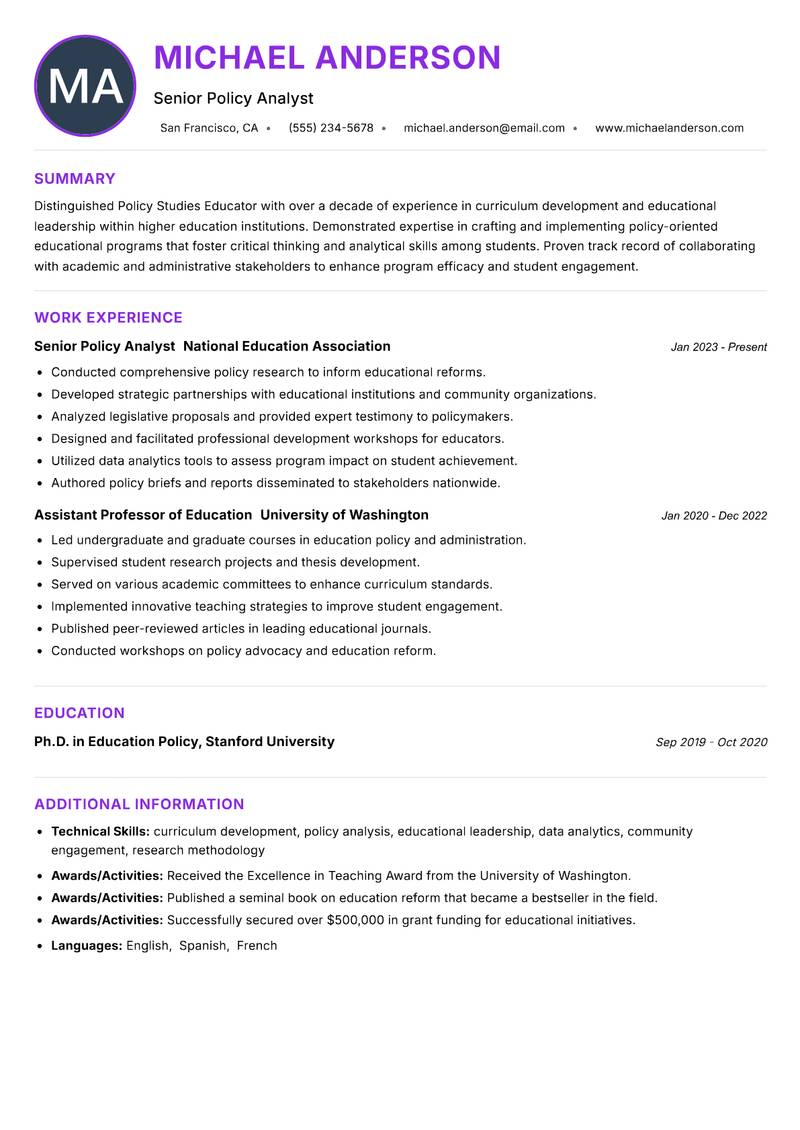 Policy Studies Educator Resume Preview Example