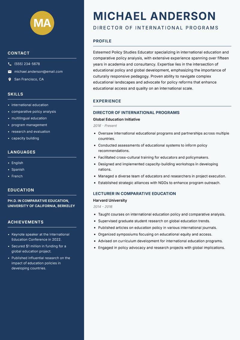 Policy Studies Educator Resume Preview Example