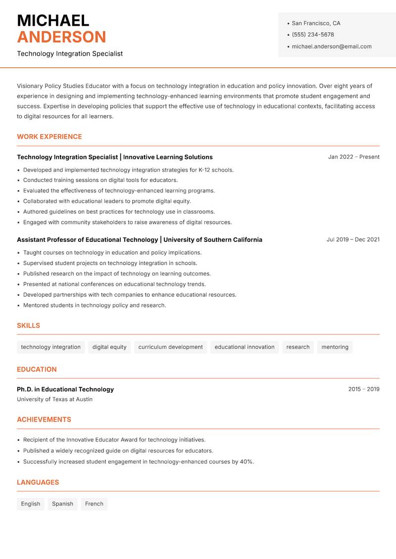 Policy Studies Educator Resume Template