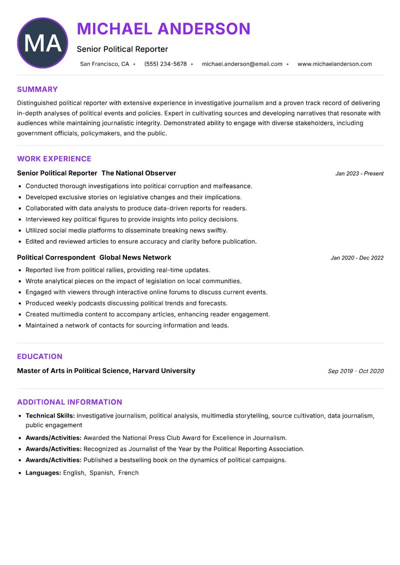 Political Reporter Resume Preview Example