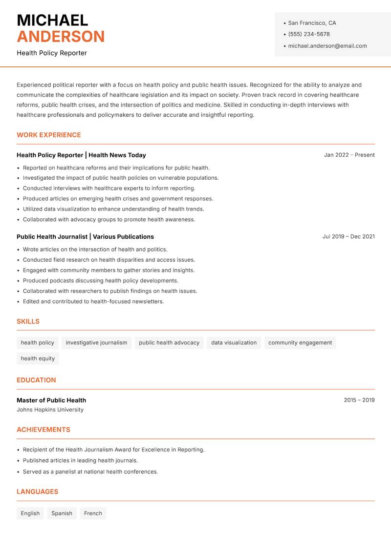 Political Reporter Resume Template