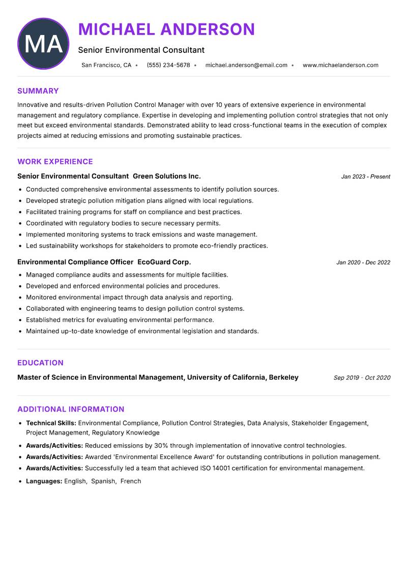 Pollution Control Manager Resume Preview Example