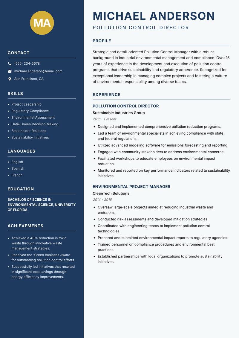 Pollution Control Manager Resume Preview Example
