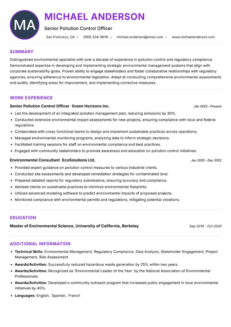 Pollution Control Officer Resume Preview Example
