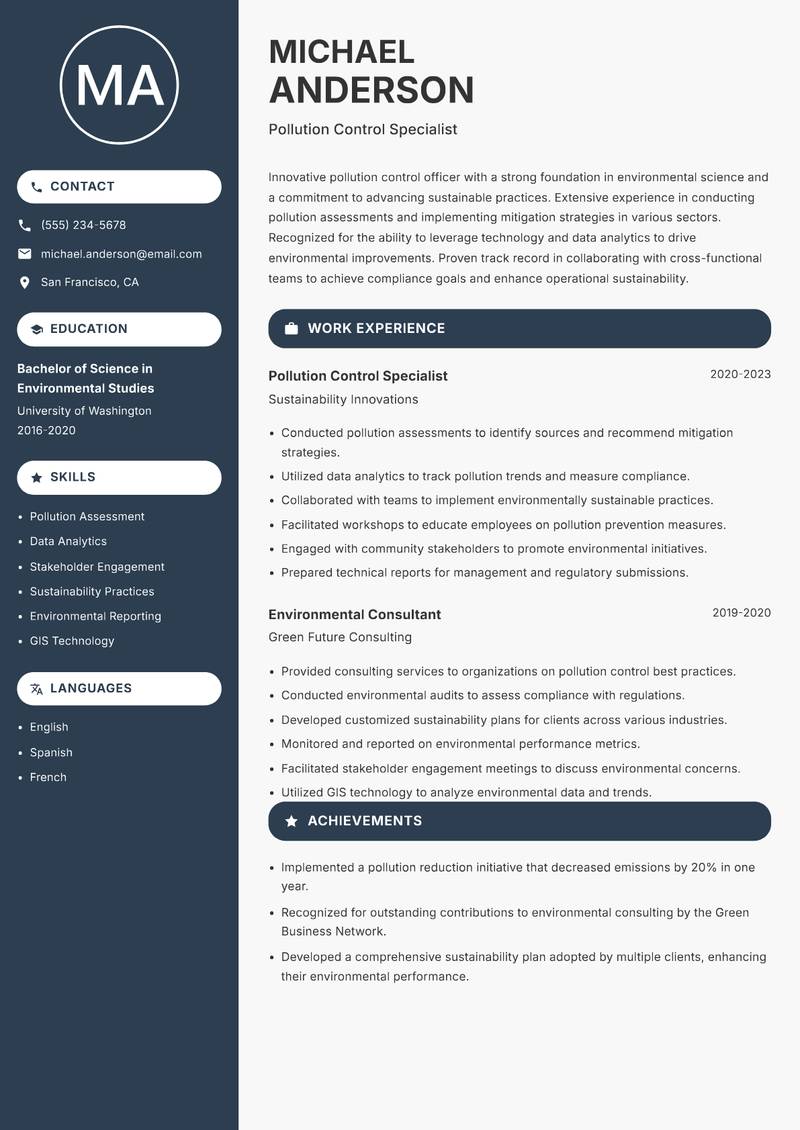 Pollution Control Officer Resume Preview Example