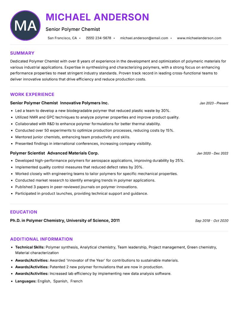 Polymer Chemist Resume Preview Example