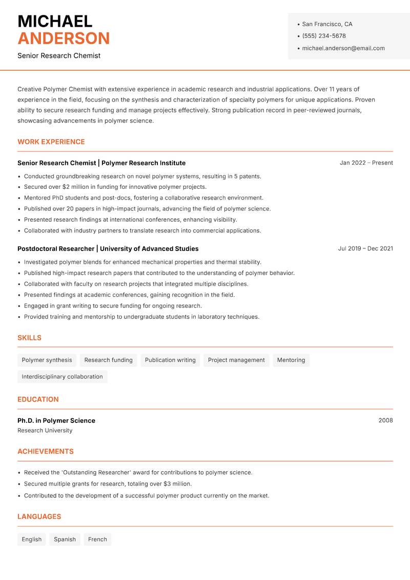 Polymer Chemist Resume Template