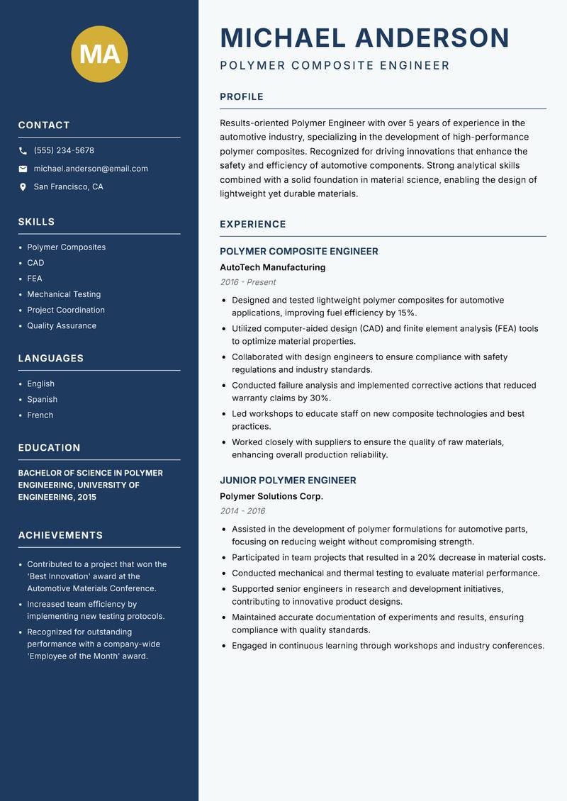 Polymer Engineer Resume Preview Example
