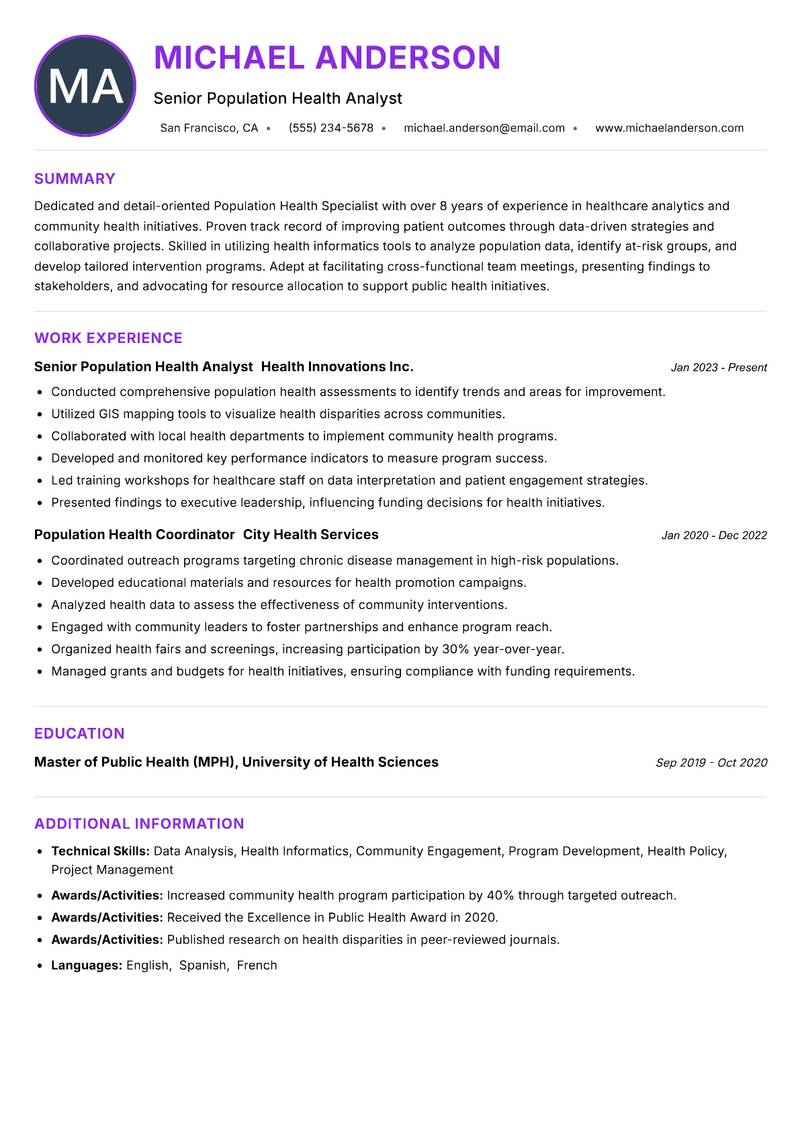 Population Health Specialist Resume Preview Example