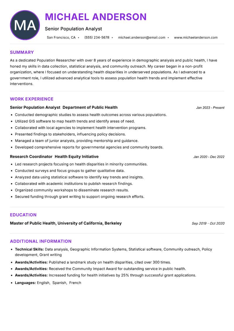 Population Researcher Resume Preview Example
