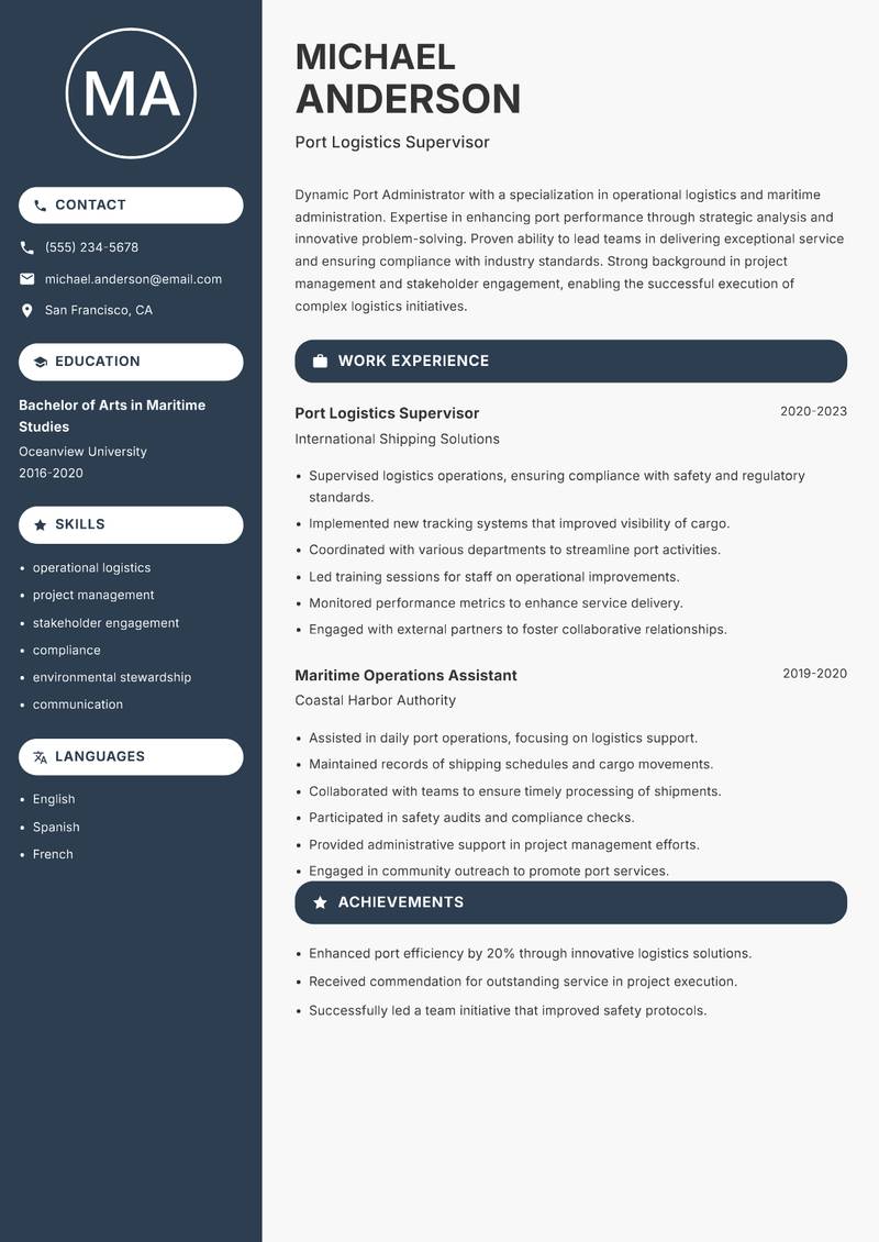 Port Administrator Resume Preview Example