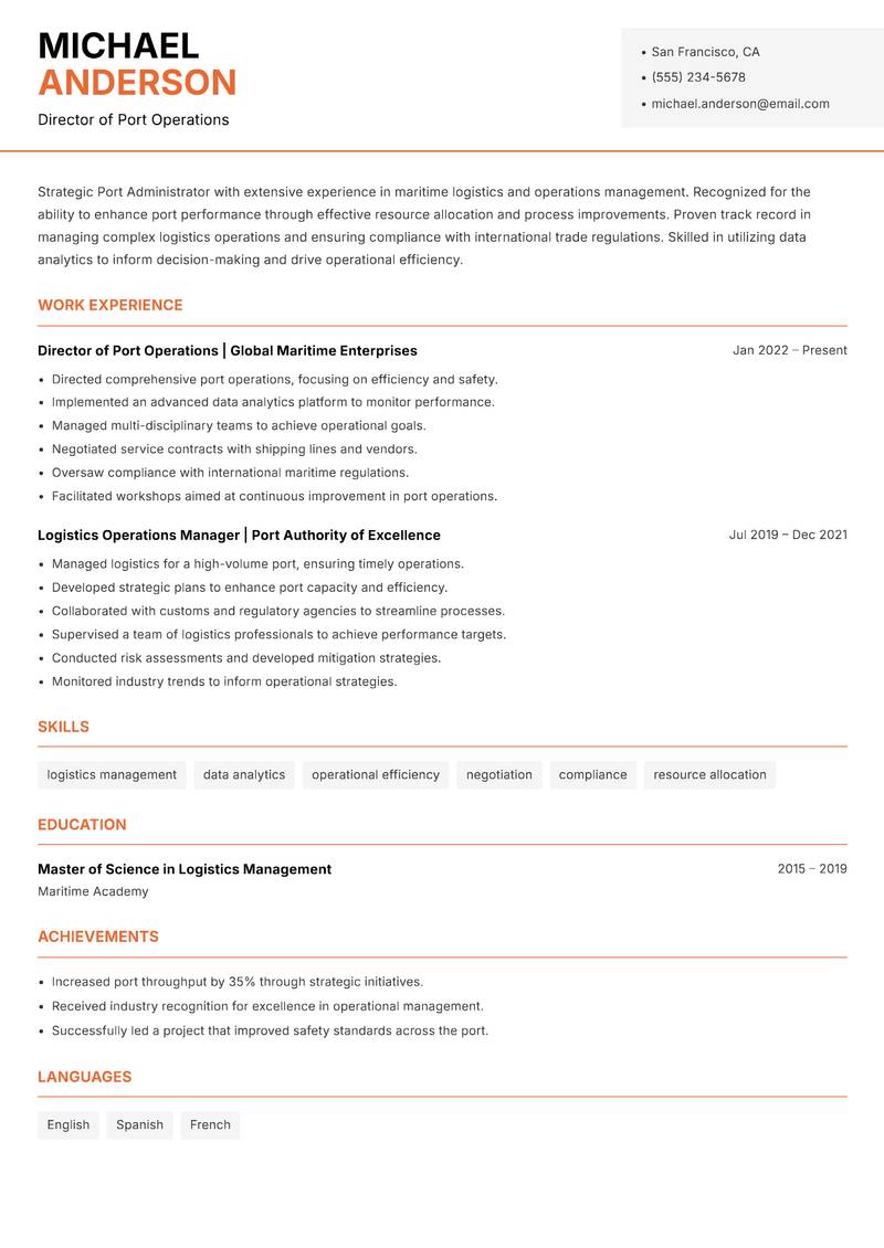 Port Administrator Resume Template