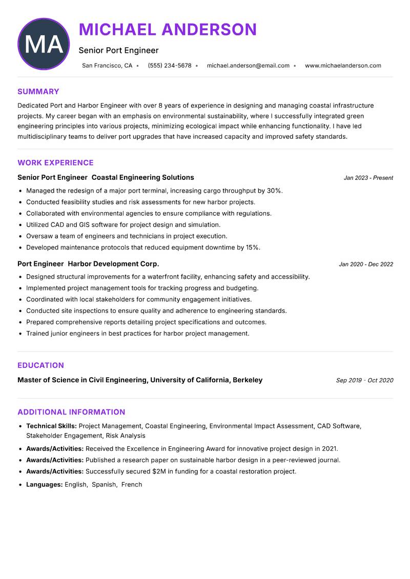Port and Harbor Engineer Resume Preview Example