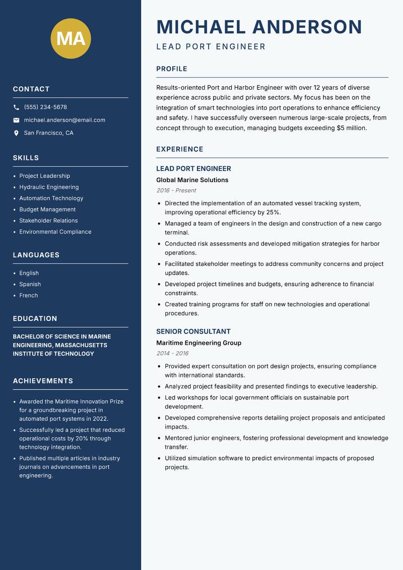 Port and Harbor Engineer Resume Preview Example