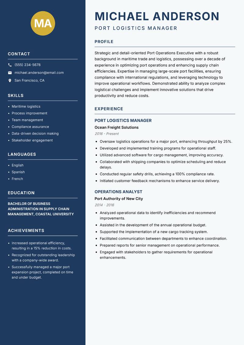 Port Operations Executive Resume Preview Example