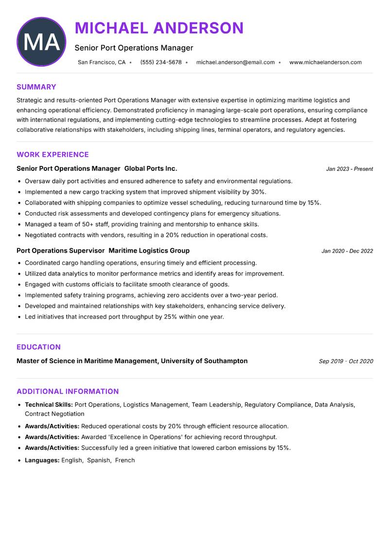 Port Operations Manager Resume Preview Example