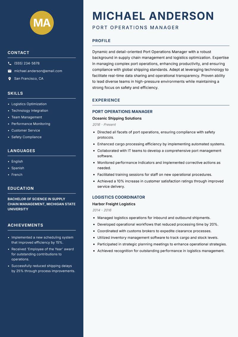 Port Operations Manager Resume Preview Example