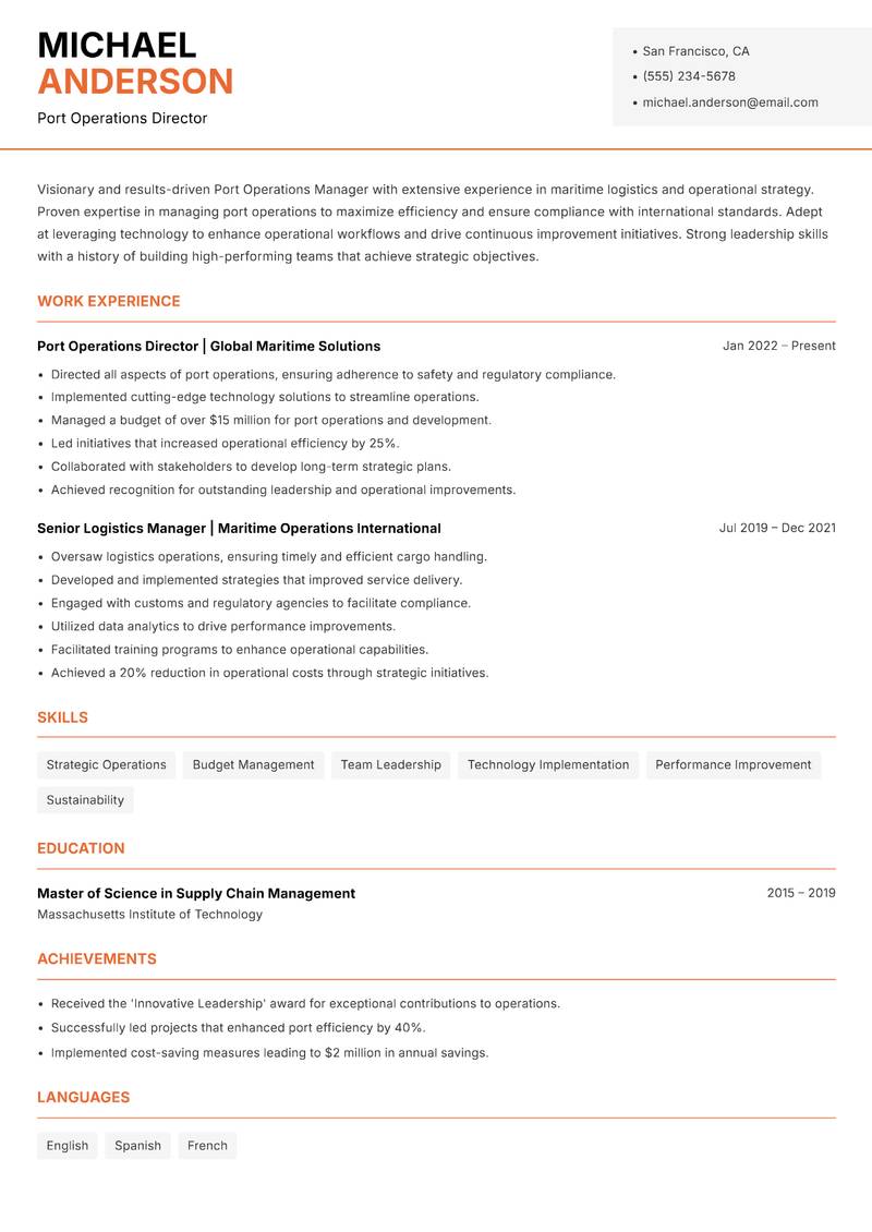 Port Operations Manager Resume Template