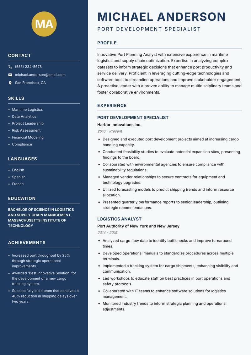 Port Planning Analyst Resume Preview Example