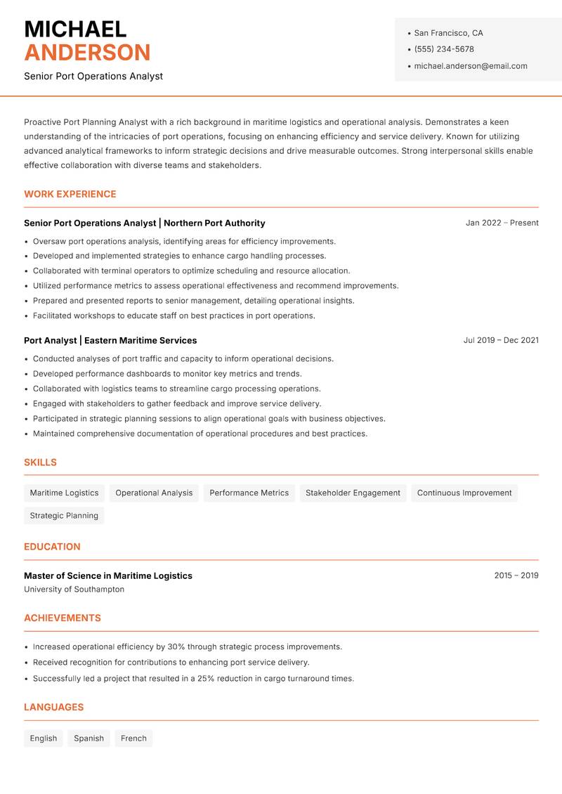 Port Planning Analyst Resume Template
