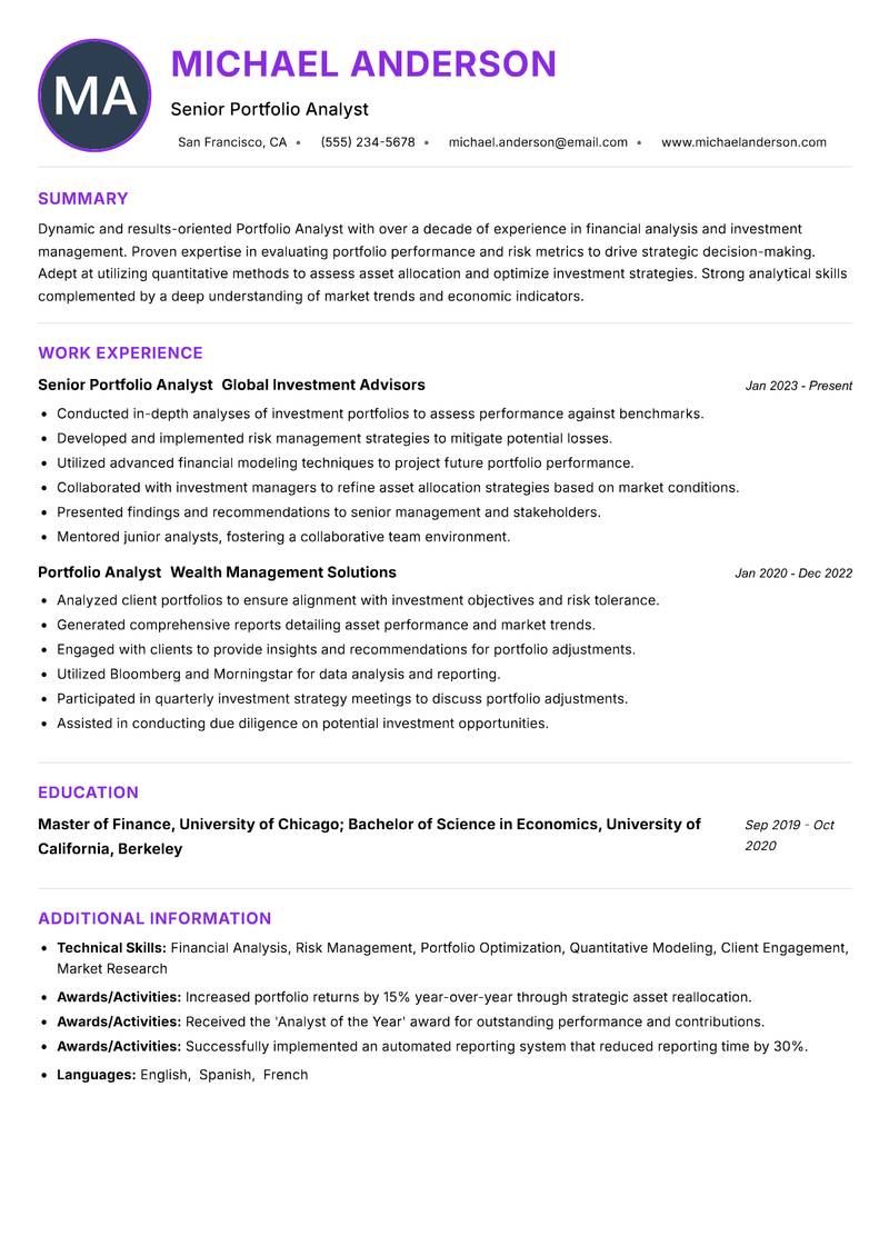 Portfolio Analyst Resume Preview Example