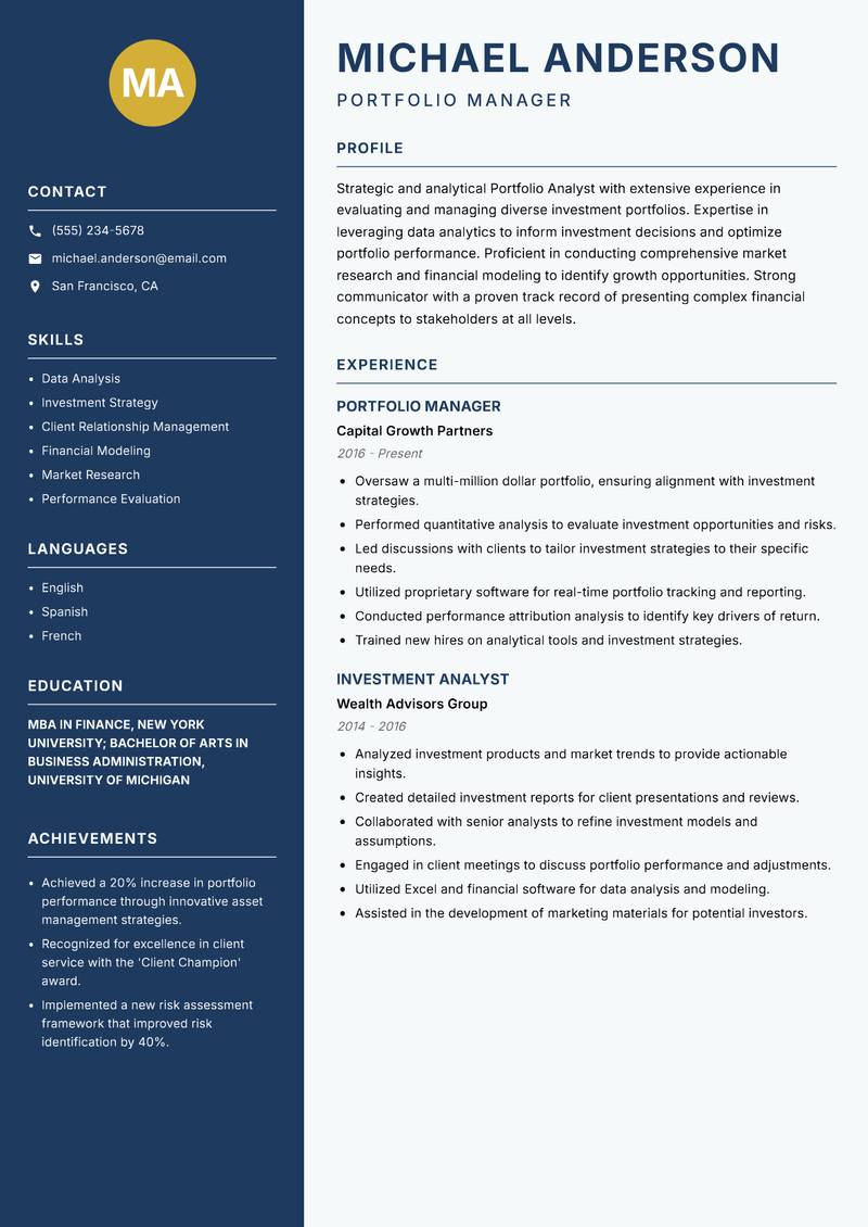 Portfolio Analyst Resume Preview Example