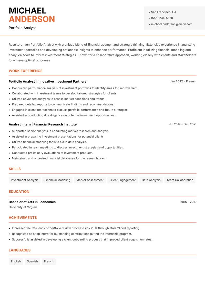 Portfolio Analyst Resume Template