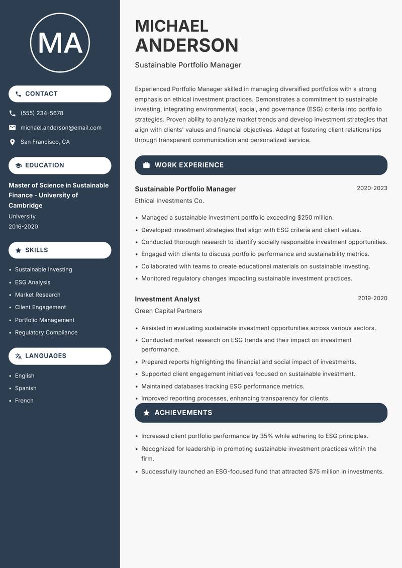 Portfolio Manager Resume Preview Example