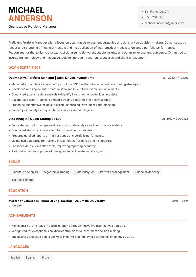 Portfolio Manager Resume Template