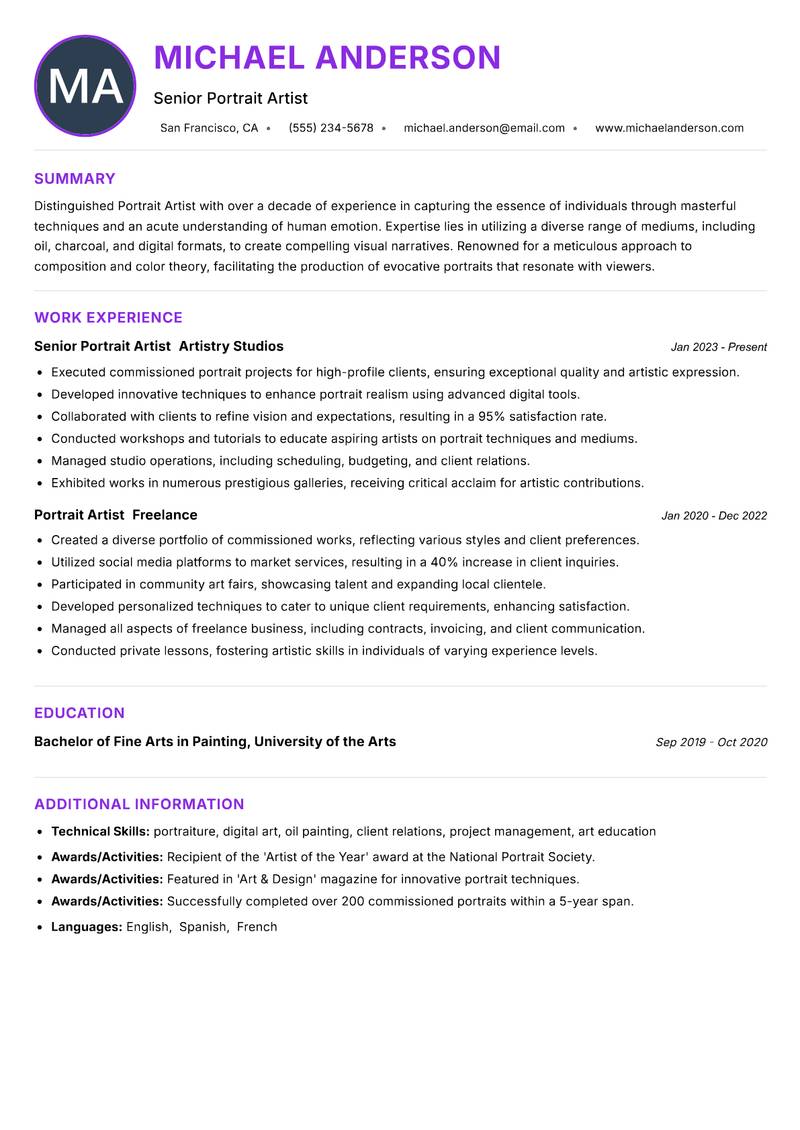 Portrait Artist Resume Preview Example