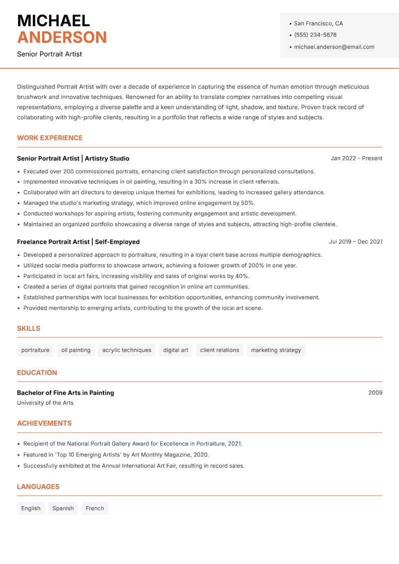 Portrait Artist Resume Template