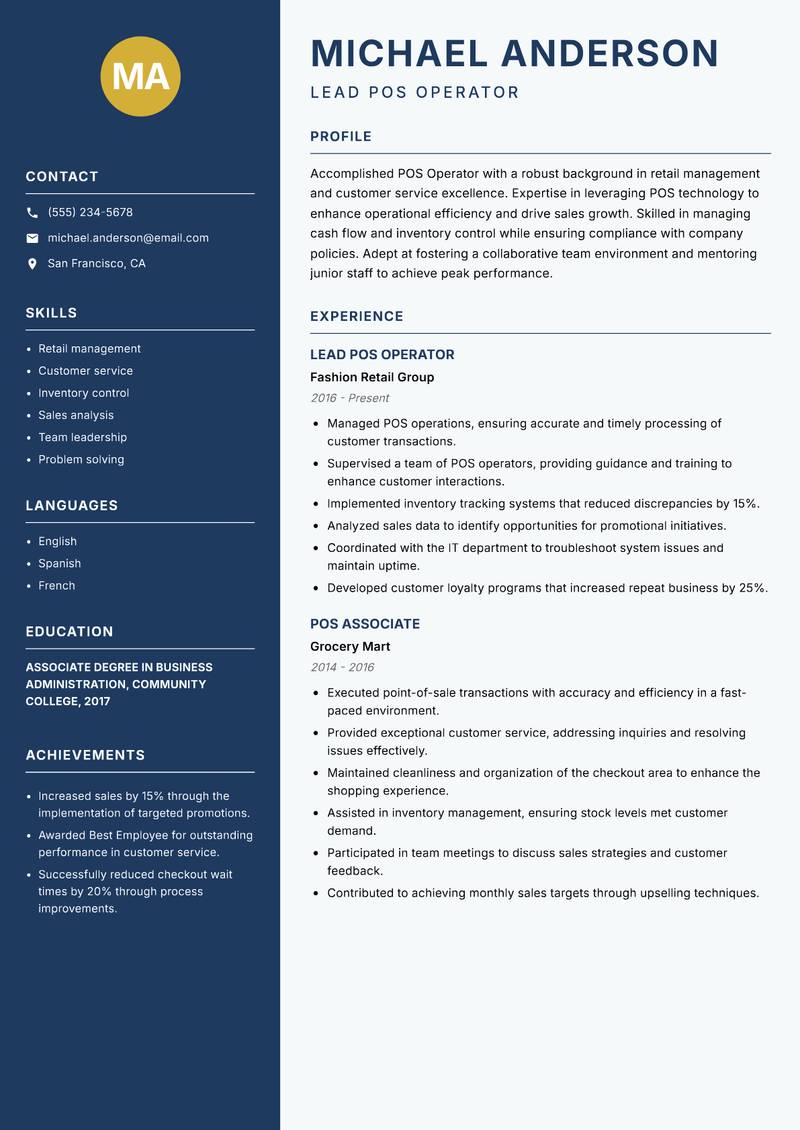 POS Operator Resume Preview Example