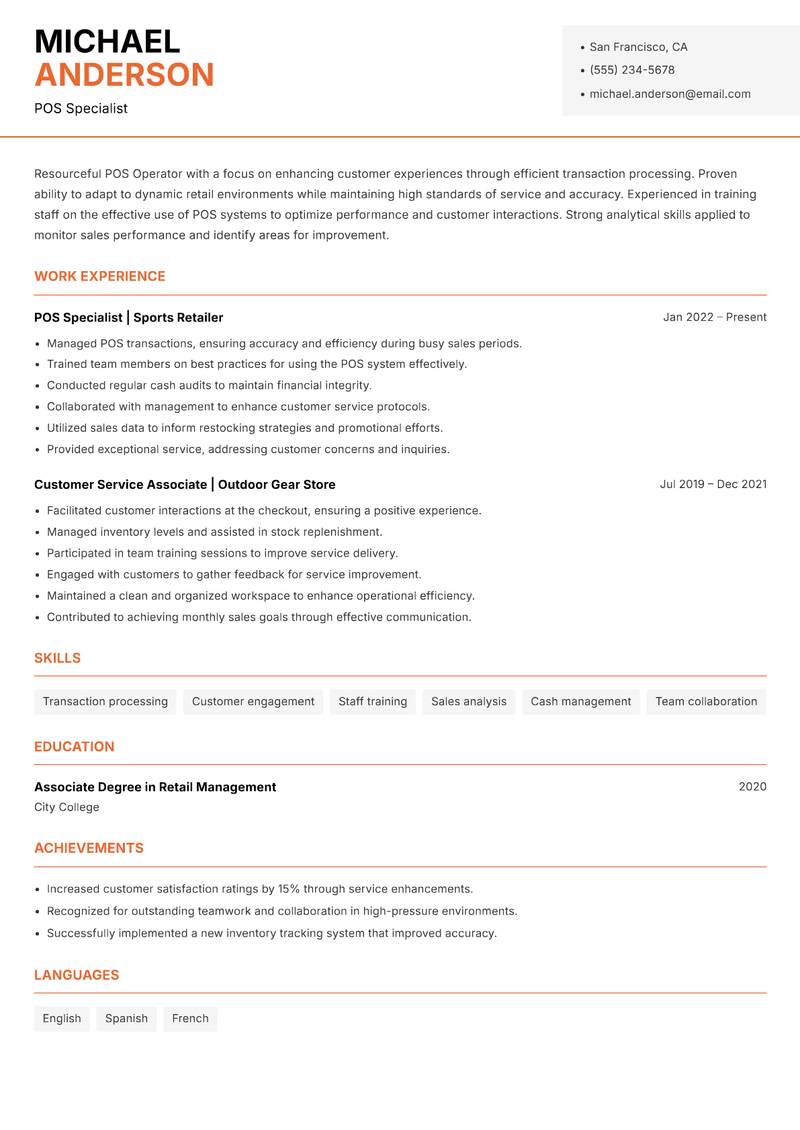 POS Operator Resume Template