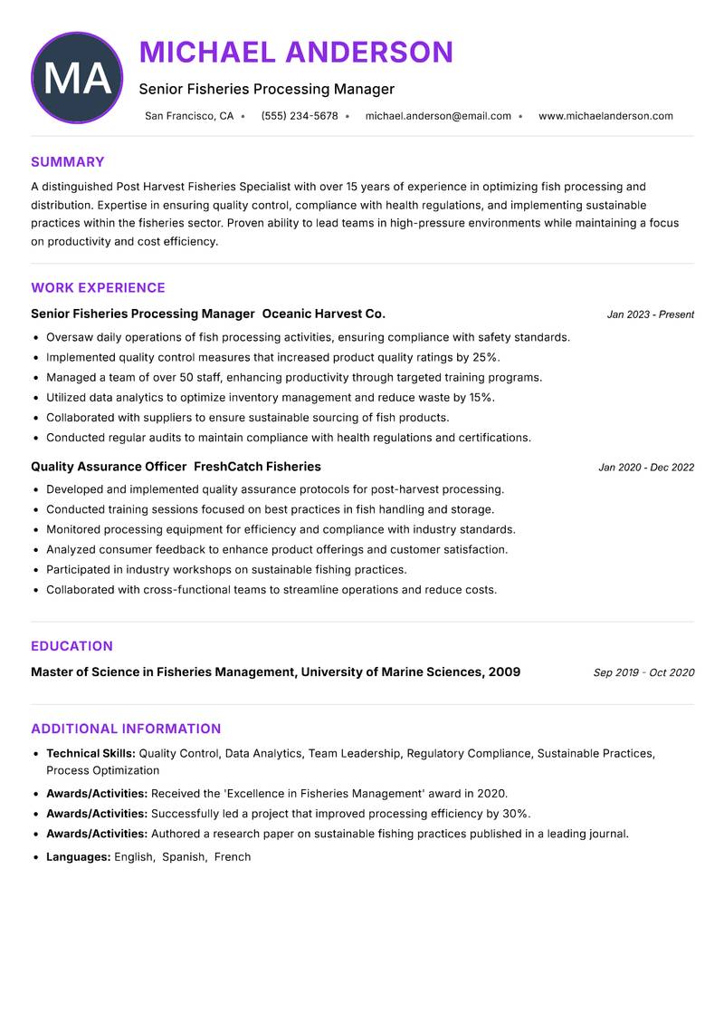 Post Harvest Fisheries Specialist Resume Preview Example