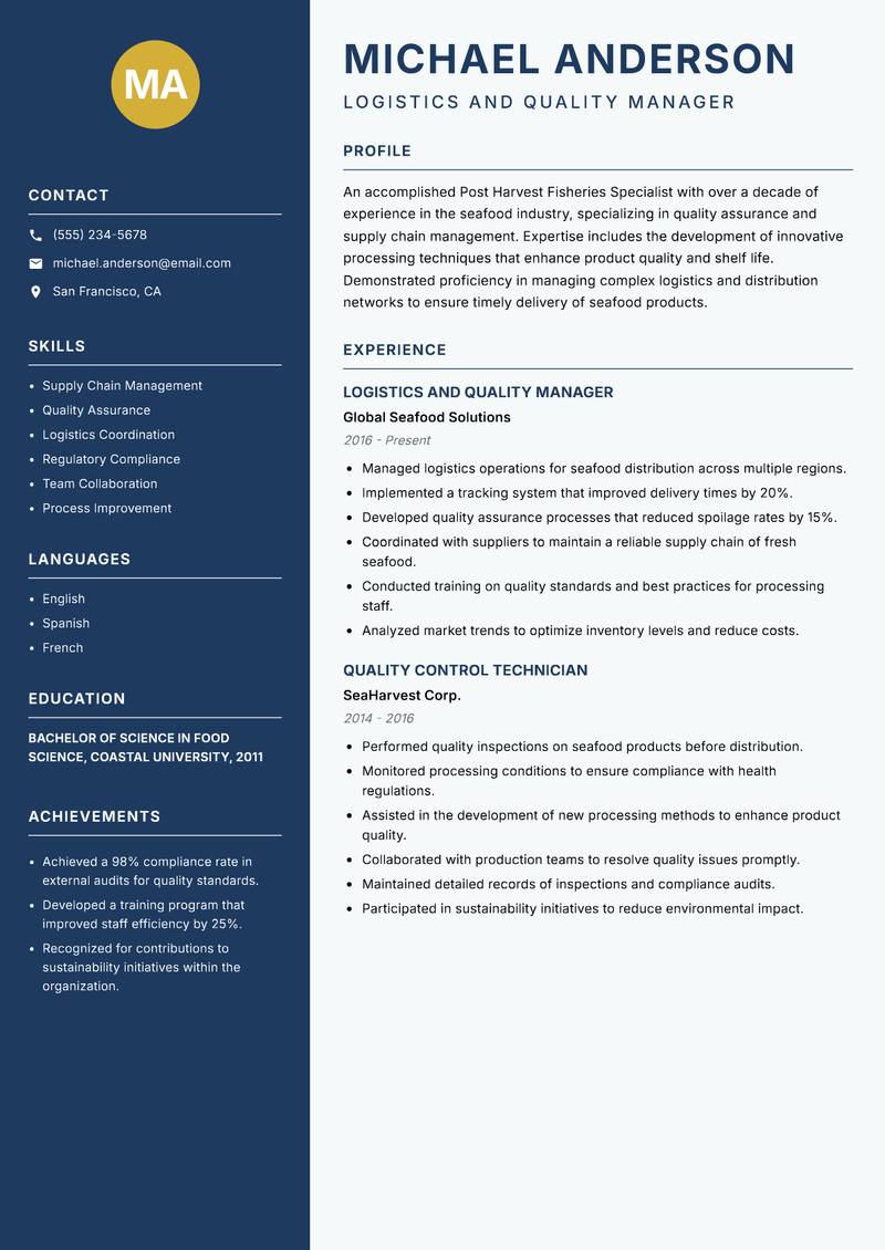 Post Harvest Fisheries Specialist Resume Preview Example