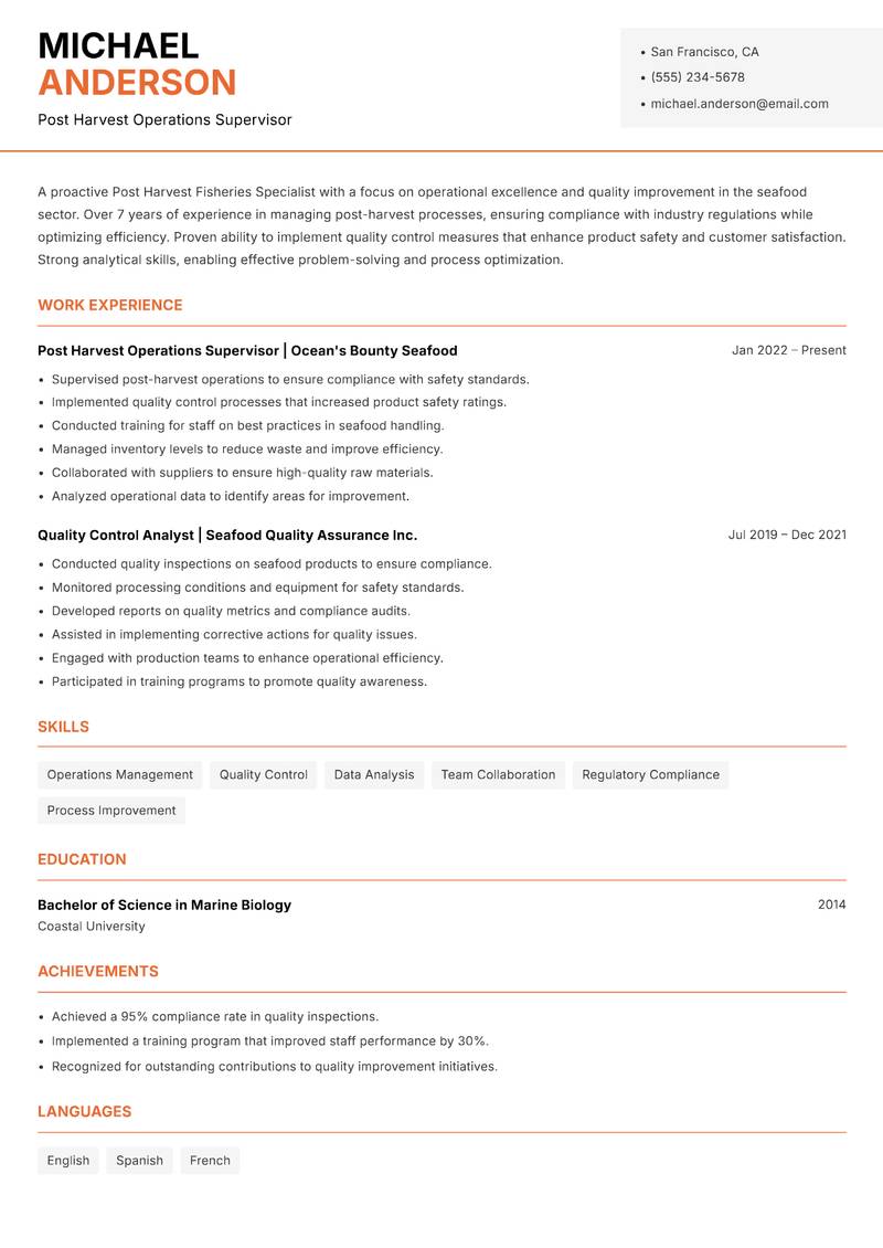 Post Harvest Fisheries Specialist Resume Template