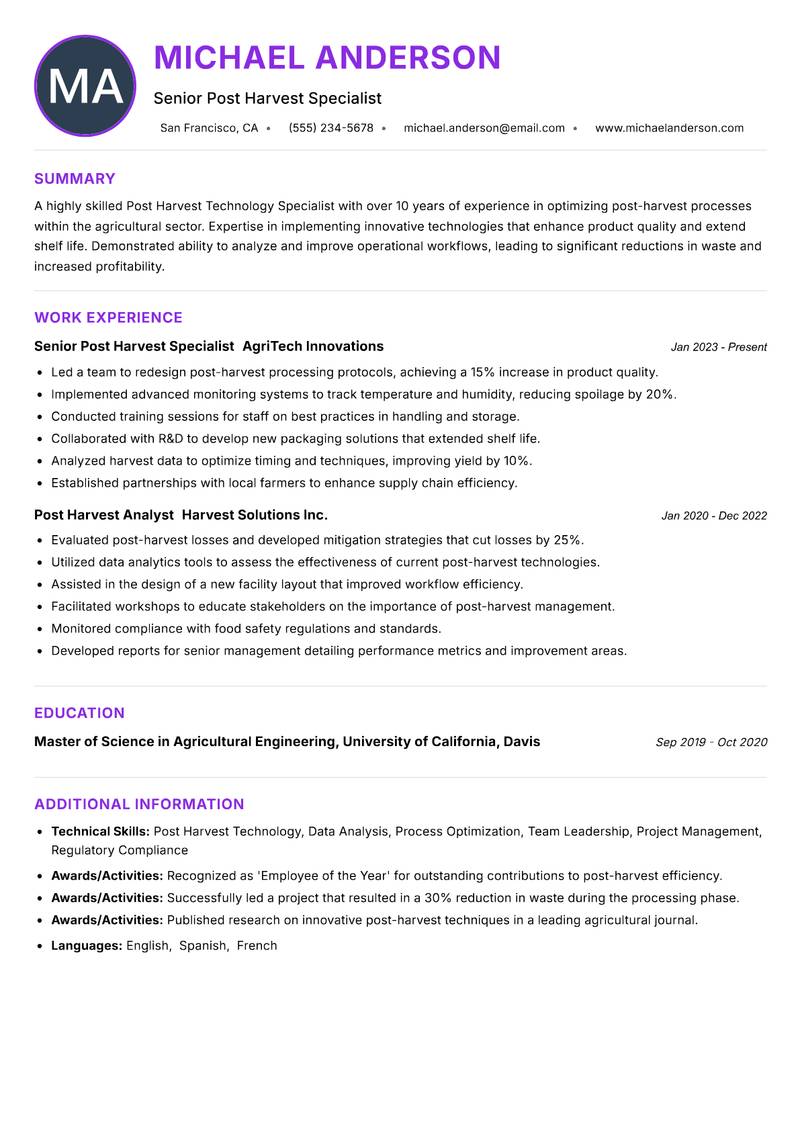 Post Harvest Technology Specialist Resume Preview Example
