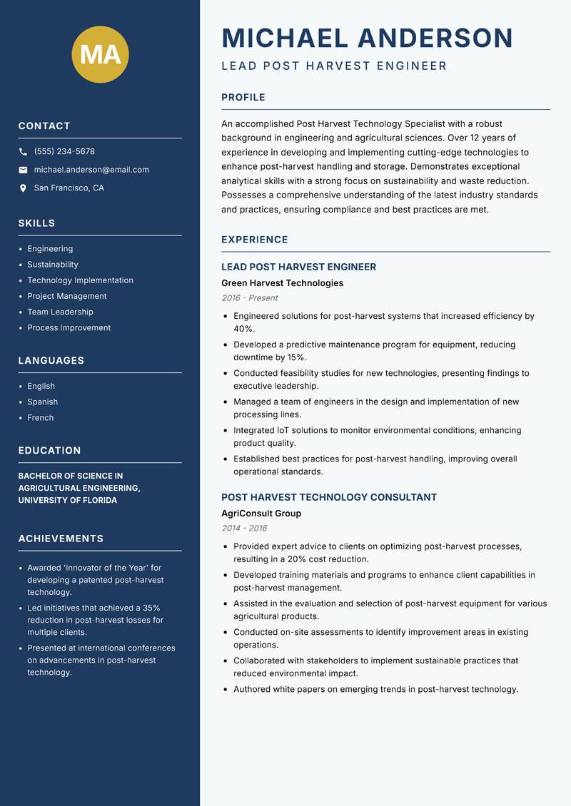 Post Harvest Technology Specialist Resume Preview Example