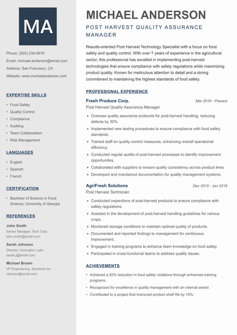 Post Harvest Technology Specialist Resume Preview Example