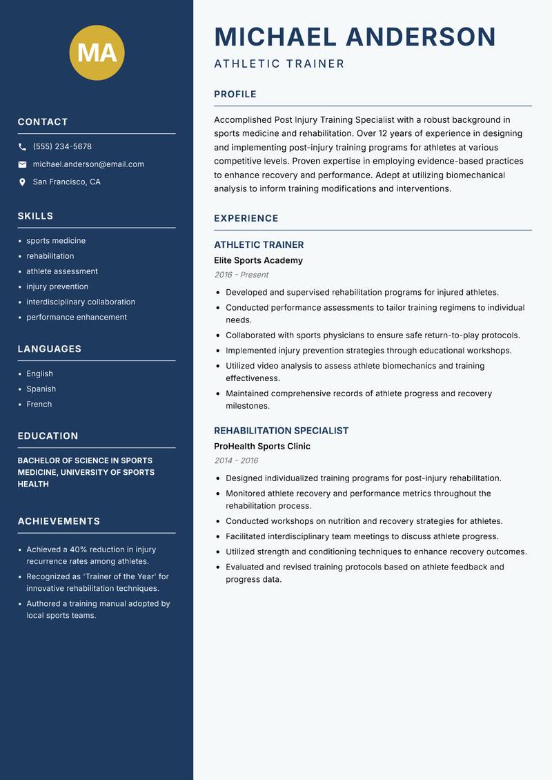Post Injury Training Specialist Resume Preview Example