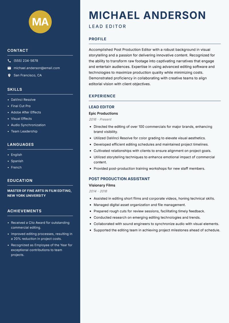 Post Production Editor Resume Preview Example