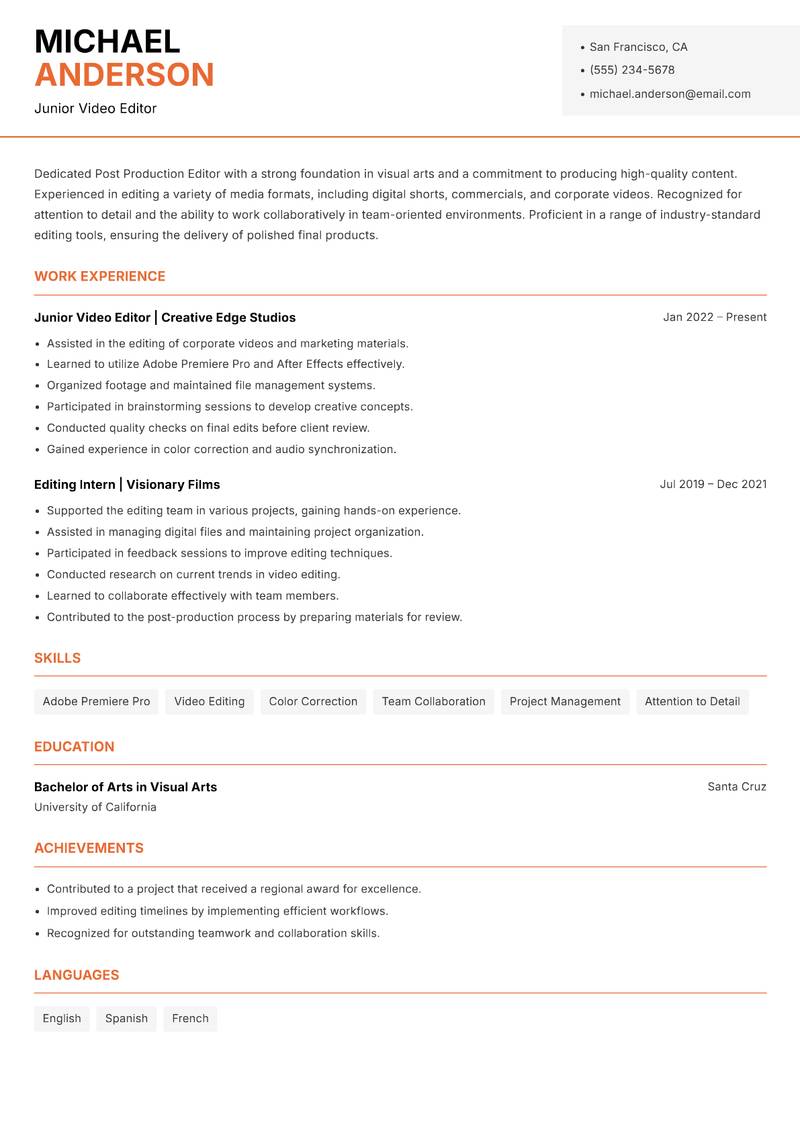Post Production Editor Resume Template
