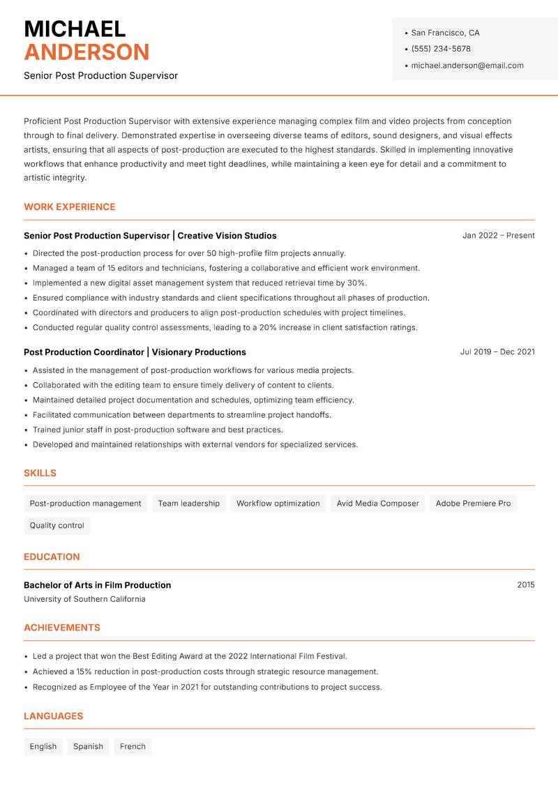 Post Production Supervisor Resume Template
