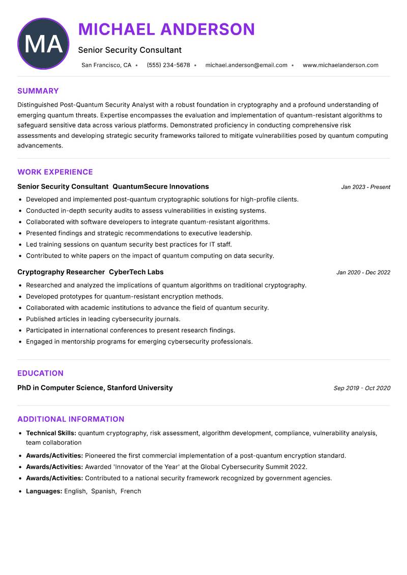 Post-Quantum Security Analyst Resume Preview Example