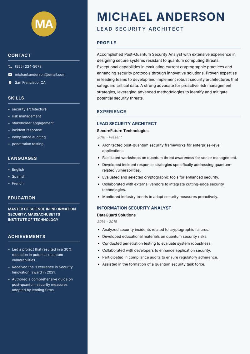 Post-Quantum Security Analyst Resume Preview Example