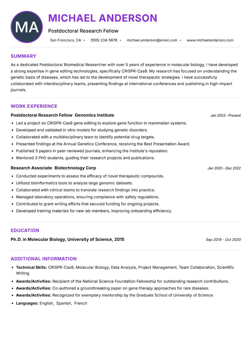 Postdoctoral Biomedical Researcher Resume Preview Example